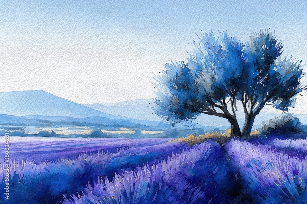 A tranquil landscape features vibrant lavender fields stretching towards distant mountains. A single tree stands gracefully against a clear sky, embodying peacefulness and beauty.