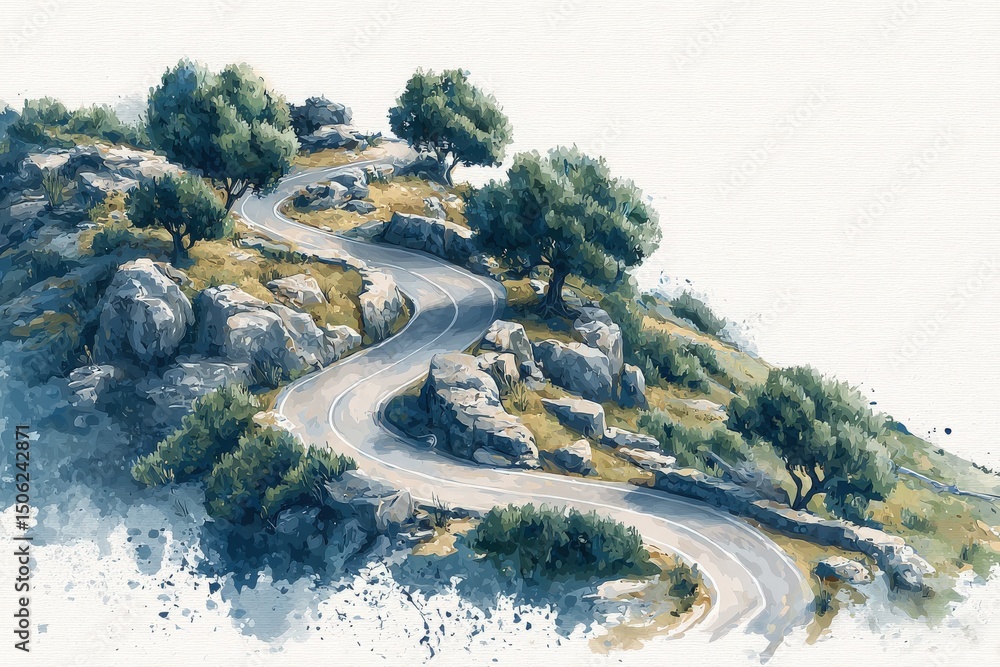 A winding road curves around rocky hills, framed by lush trees under a soft sky. This tranquil setting captures the beauty of nature, inviting exploration and adventure.