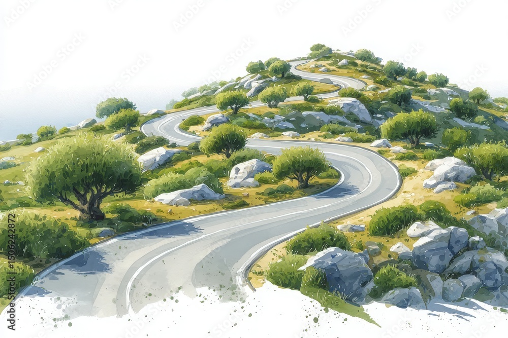 A picturesque winding road curves through verdant hills, dotted with shrubs and rocks. The scenery is tranquil, set under a bright sky. This peaceful landscape invites exploration and adventure.