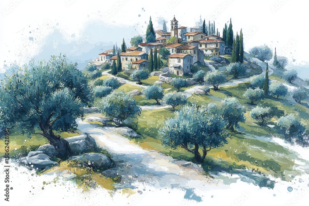 A picturesque village sits atop a hill surrounded by olive trees, with winding paths leading through the lush landscape under a clear blue sky. The scene evokes a tranquil atmosphere.
