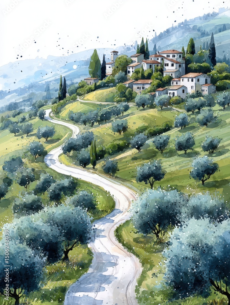 Lush green hillsides covered with olive trees lead to a charming village perched atop a hill. Winding roads connect the landscape with a tranquil ambiance under bright skies.