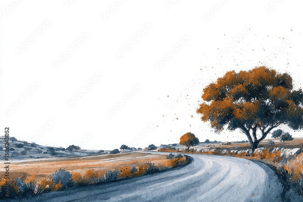 A winding road cuts through a serene autumn landscape, where trees show vibrant orange foliage. The sky appears bright, hinting at a peaceful evening atmosphere.