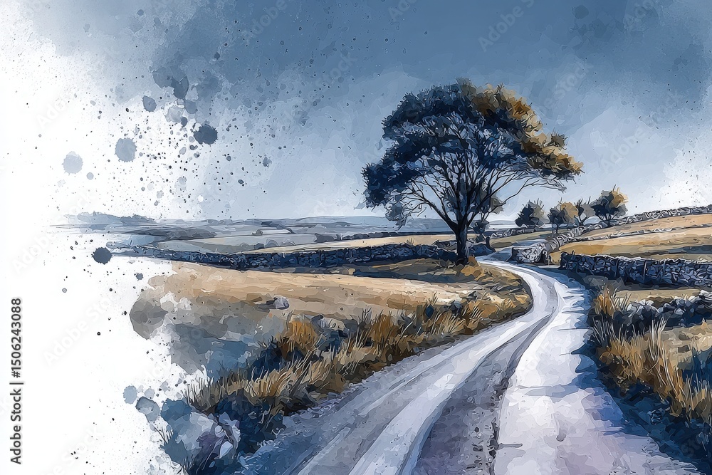 A tranquil winding road leads through an open landscape. A lone tree stands beside the path, surrounded by dry grass and stone walls.