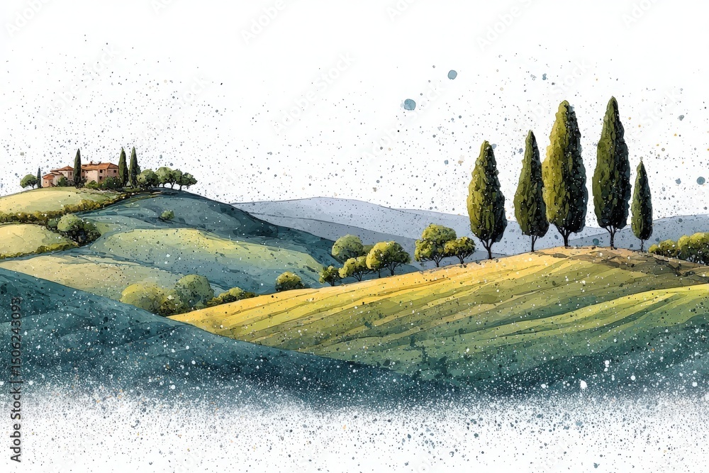 A tranquil countryside view features rolling green and yellow hills under a pale sky.