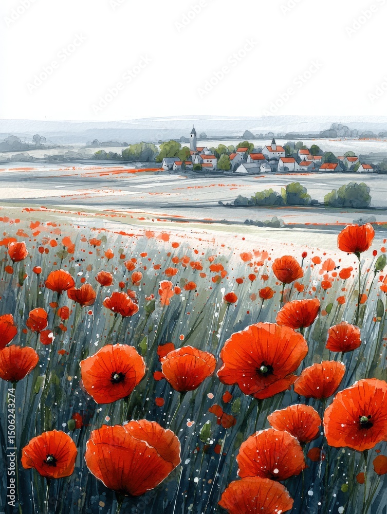 Bright red poppies bloom abundantly in a field, leading the eye toward a quaint village nestled in the hills. The sky is overcast, creating a tranquil atmosphere, while distant trees frame the scene.