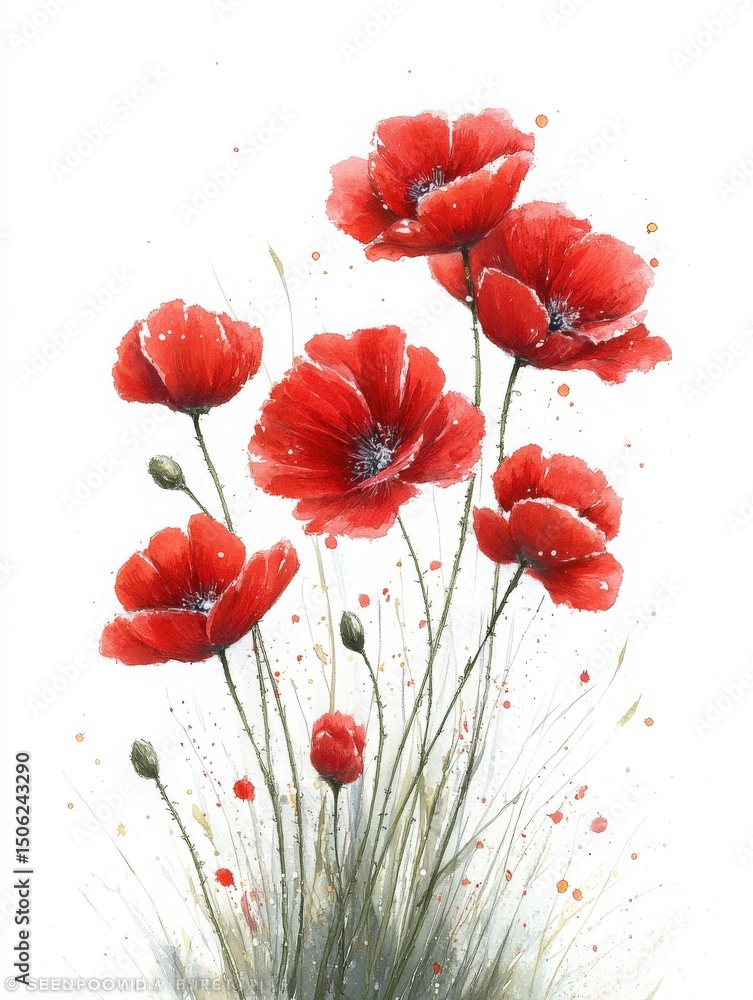 Vibrant red poppies stand tall amidst wispy greenery in a watercolor artwork. The flowers exhibit rich petals with subtle shading, creating a serene and lively ambiance.