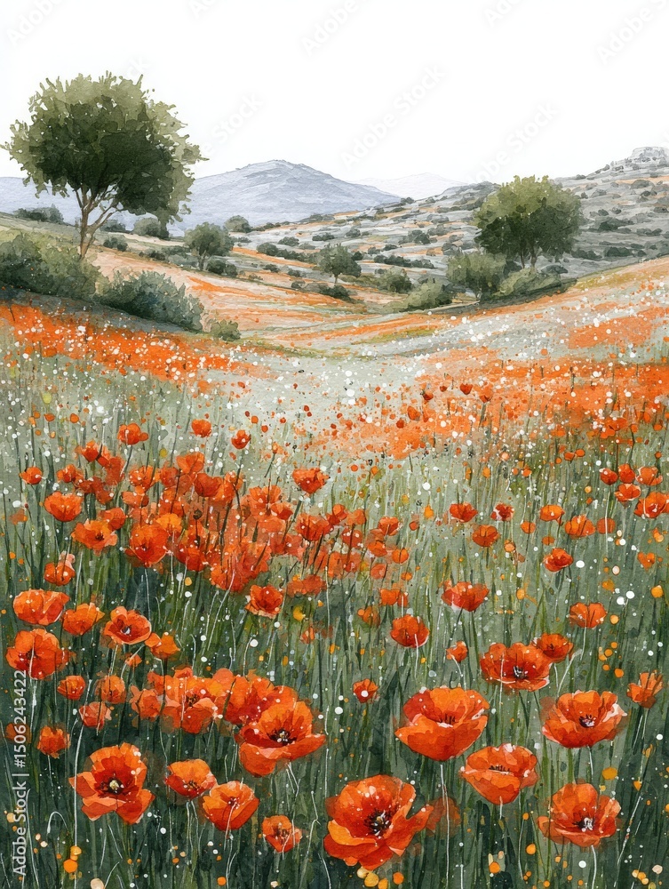 Bright red poppies blanket a lush green field, creating a stunning contrast with surrounding hills and a clear sky. The serene landscape radiates tranquility and natural beauty.