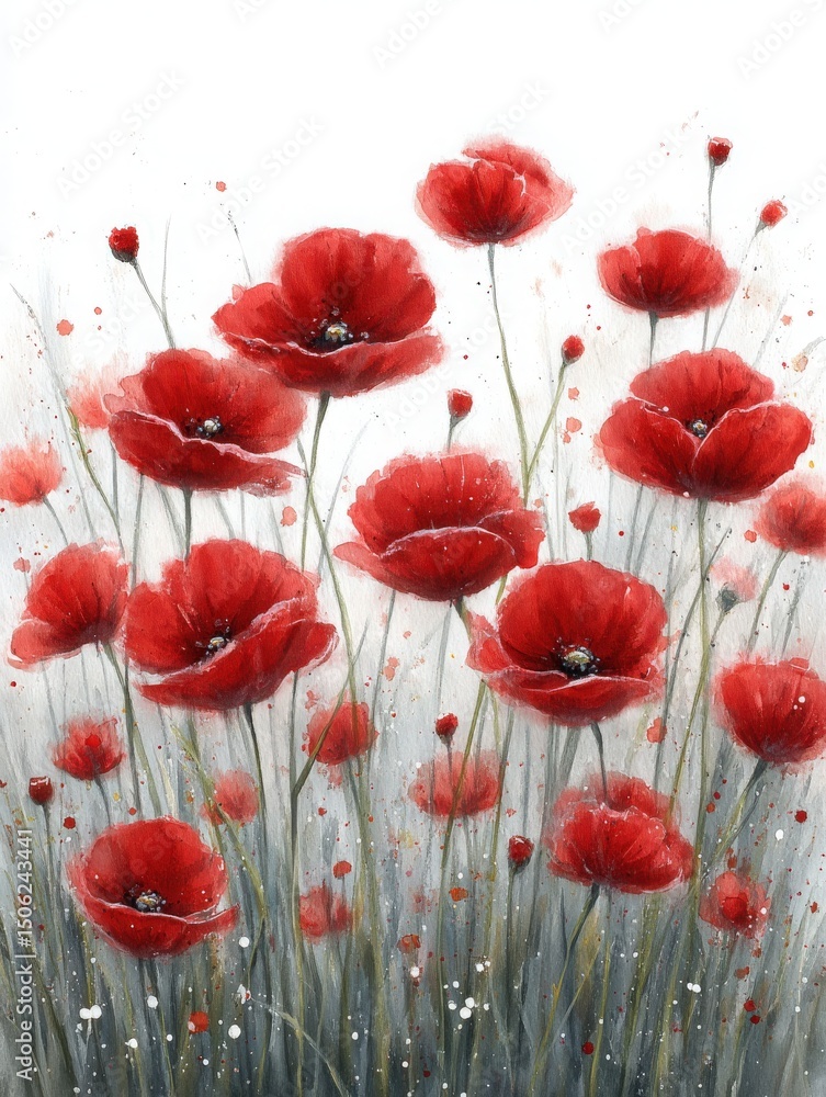 A field of bright red poppies stands out against a soft, muted background. The flowers display intricate details, while splashes of color add depth and vibrancy to the composition.