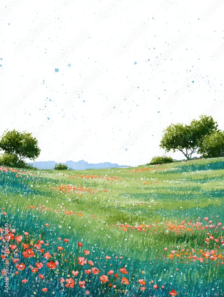 A lush green field is adorned with bright red poppies scattered throughout. Gentle hills rise in the background, and a clear sky provides a serene atmosphere during a sunny day.