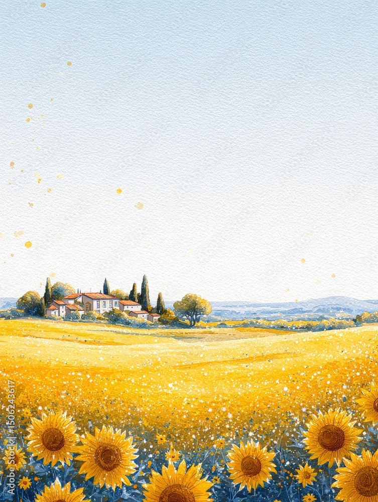 Golden sunflowers bloom in a vast field, stretching toward the horizon. A charming farmhouse stands surrounded by trees, creating a serene rural landscape under a bright blue sky.