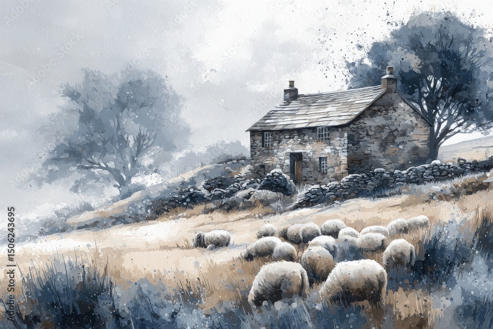 A serene countryside view features a quaint stone cottage surrounded by sheep grazing in a grassy field. Distant trees add to the tranquil atmosphere, conveying a sense of peace.