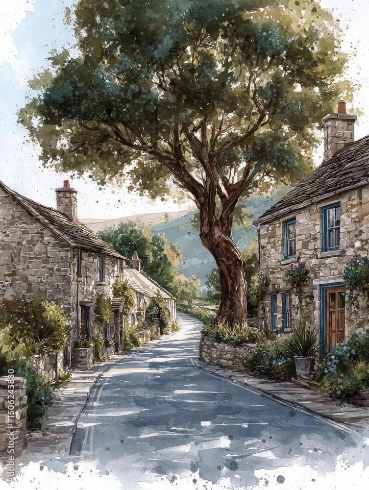 A peaceful countryside road meanders through a quaint village with stone cottages. A large tree provides shade, surrounded by lush greenery against a backdrop of rolling hills.
