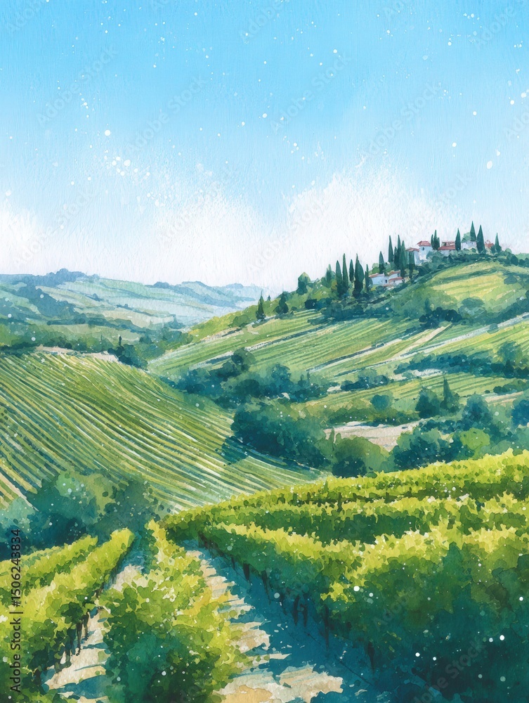 Rolling hills adorned with vibrant green vineyards stretch towards the horizon. A small village sits atop a distant hill, surrounded by cypress trees, under a bright blue sky.