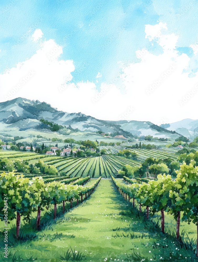 Vibrant green vineyards stretch across the landscape, leading towards distant mountains beneath a bright blue sky filled with fluffy clouds. The scene captures serenity and natural beauty.
