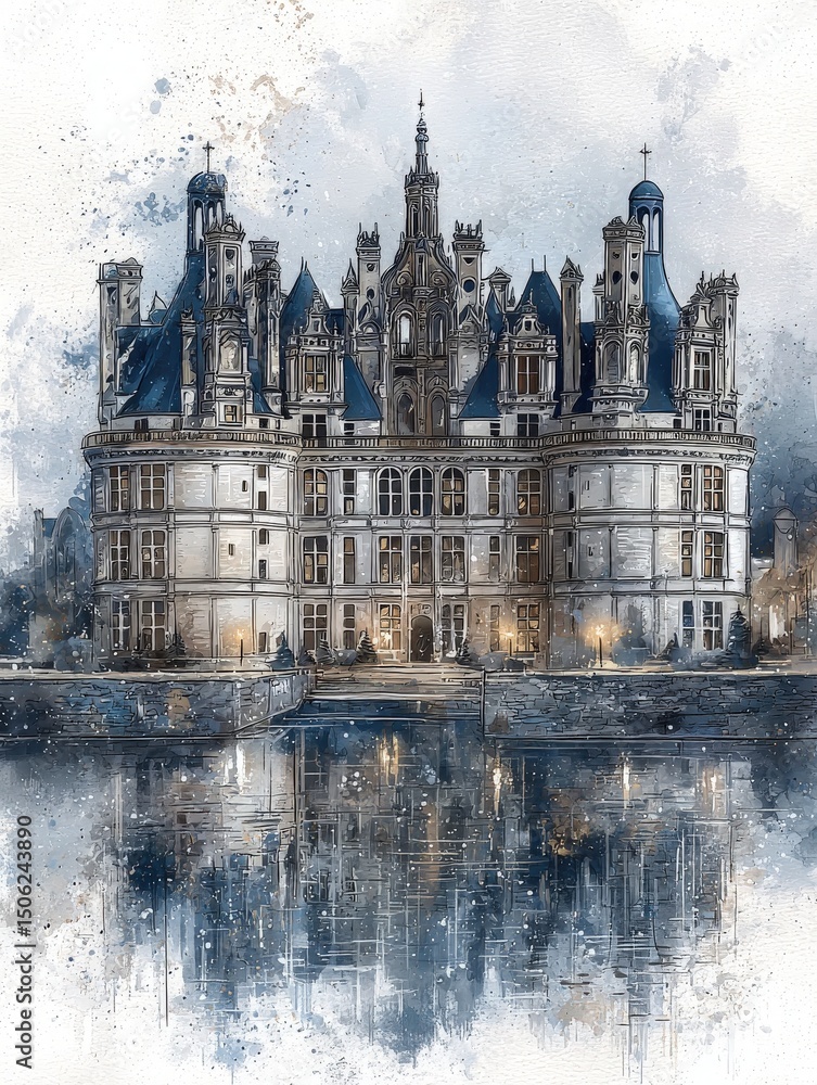 A stunning chateau stands prominently by calm waters, its intricate architecture showcasing historical elegance.