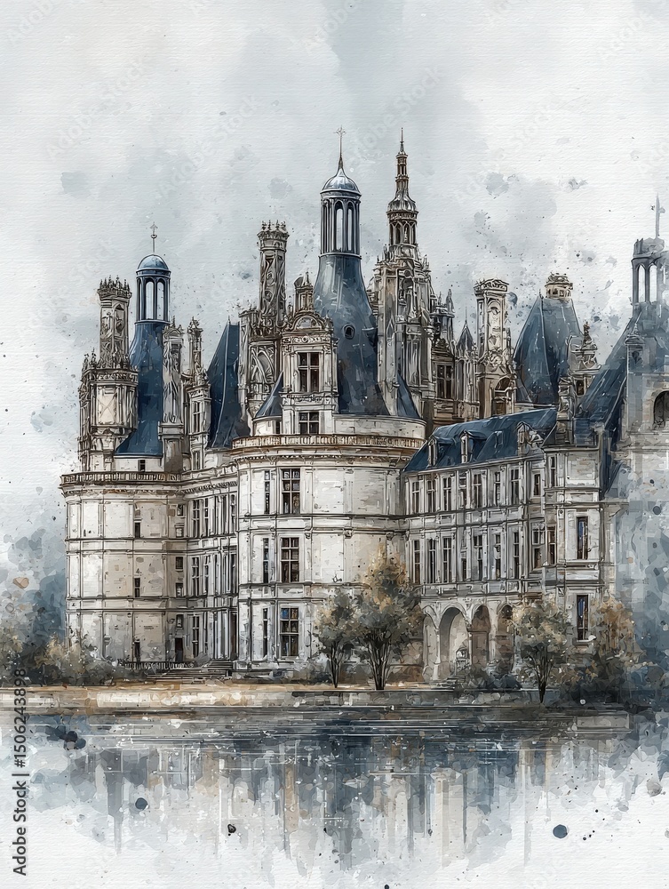 A stunning chateau stands tall with intricate architecture, its reflection captured in tranquil waters. The atmosphere is misty, enhancing the beauty of this historic structure.