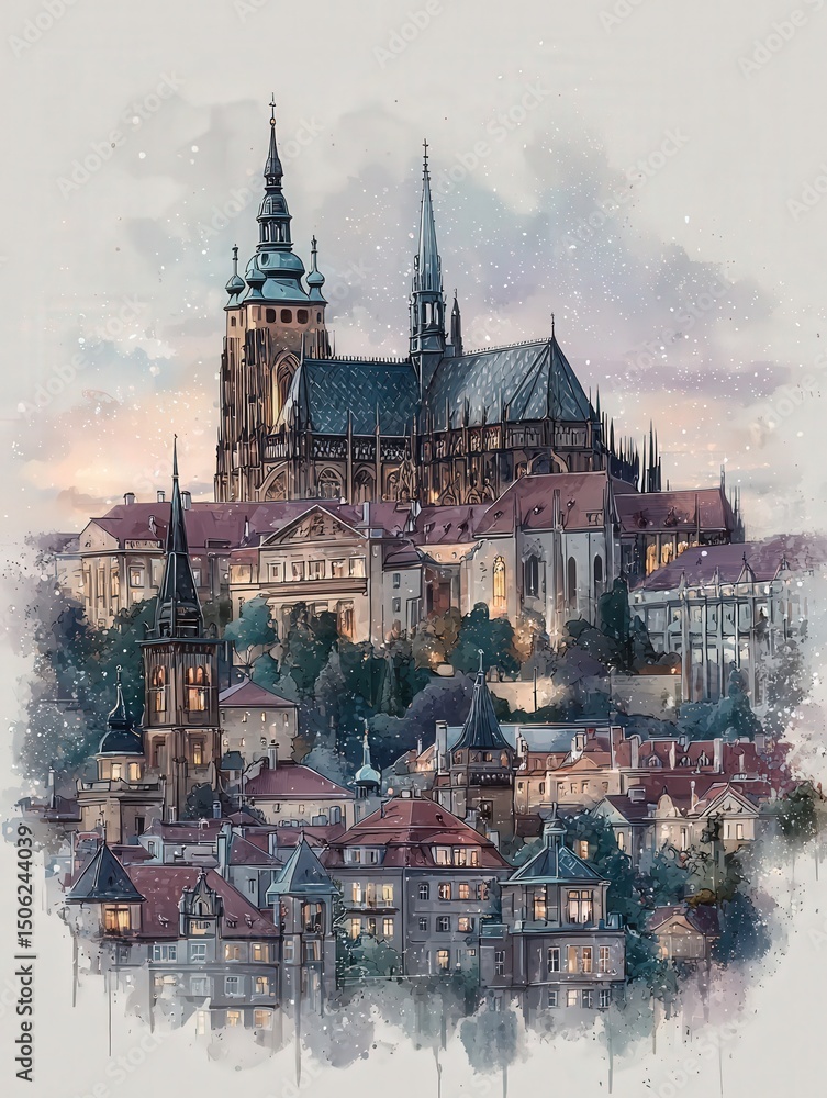 A serene evening showcases Prague Castle towering above the charming rooftops of the city below. The warm lights from windows create a cozy ambiance as dusk settles.
