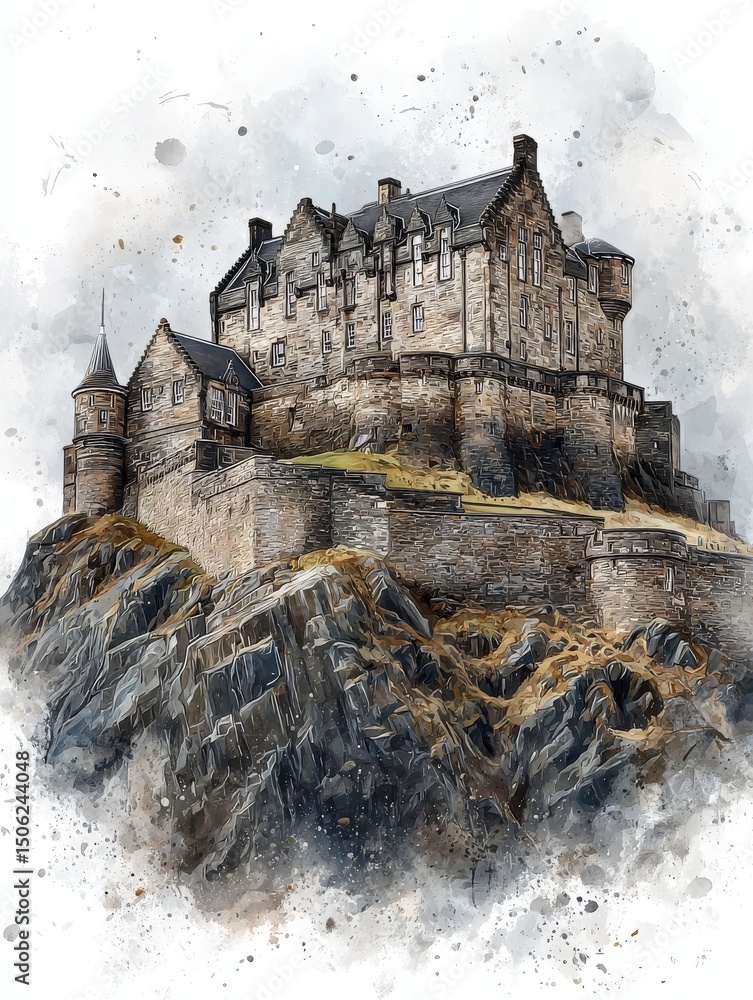 A grand castle stands proudly on a rocky outcrop, showcasing its stunning architecture and fortified walls. The setting features a beautiful blend of nature and history, inviting exploration.