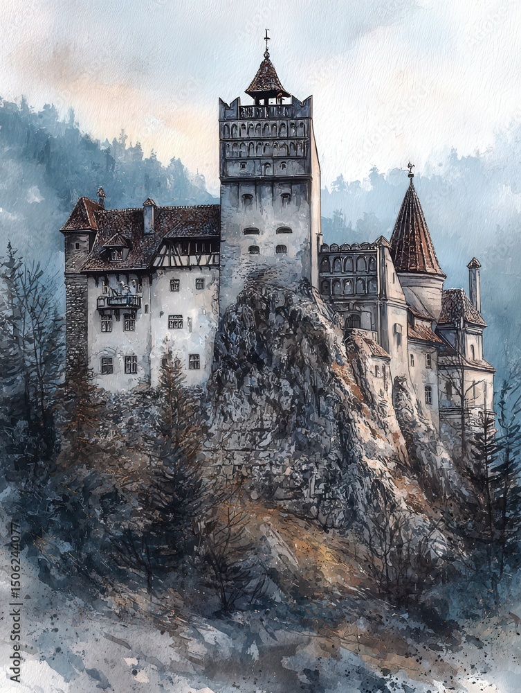 Bran Castle is perched on a rocky hill, surrounded by dark trees and misty mountains. The architectural details of the castle are highlighted against a soft blue sky, exuding a historical charm.