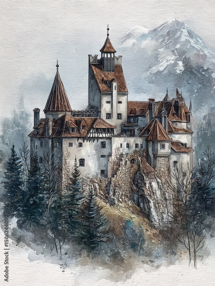 A striking portrayal of a medieval castle with multiple towers and turrets set against a majestic mountain backdrop.
