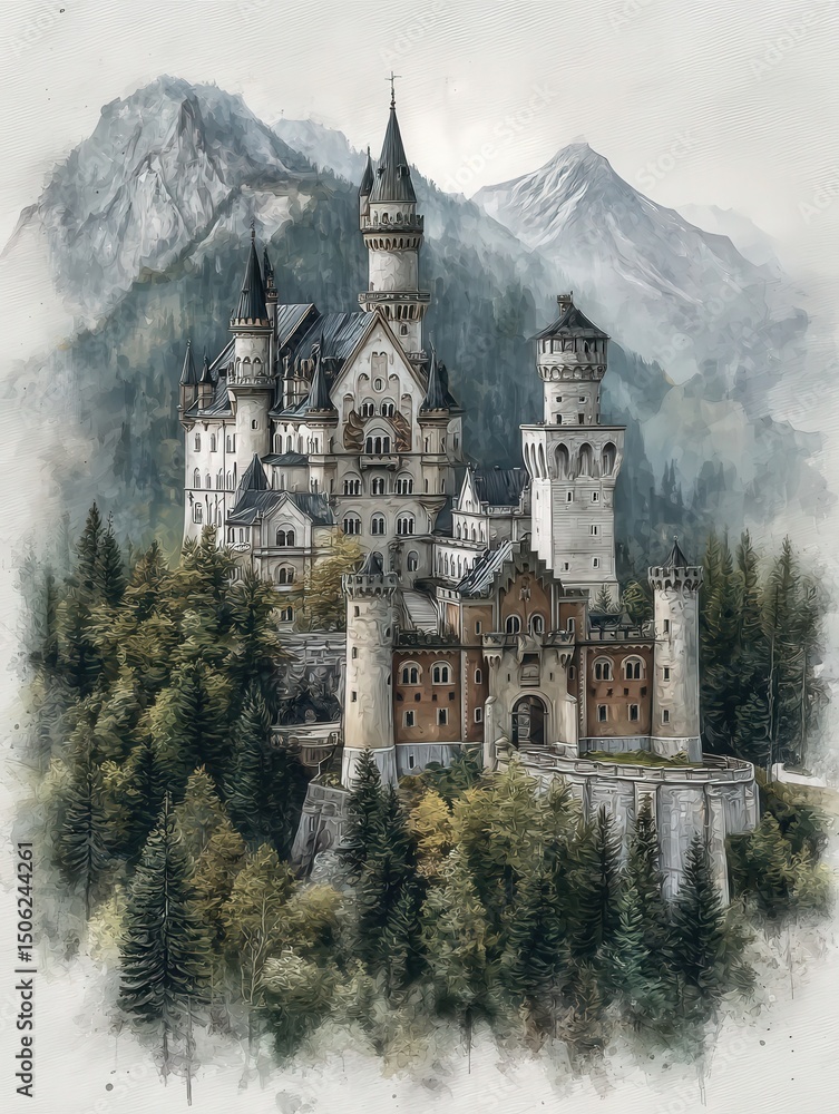 This enchanting castle, surrounded by towering mountains and lush forests, showcases stunning architecture.