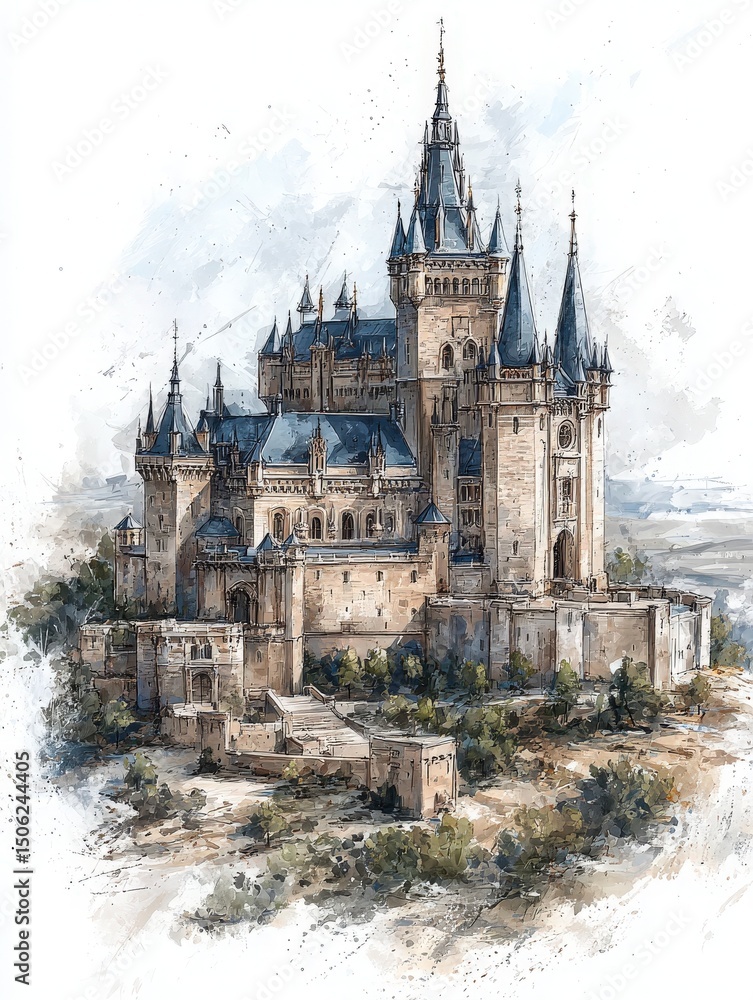 A grand castle with tall spires and intricate architecture stands proudly on a hill, overlooking lush greenery. The elegant structure is set against a serene sky, drawing admiration.