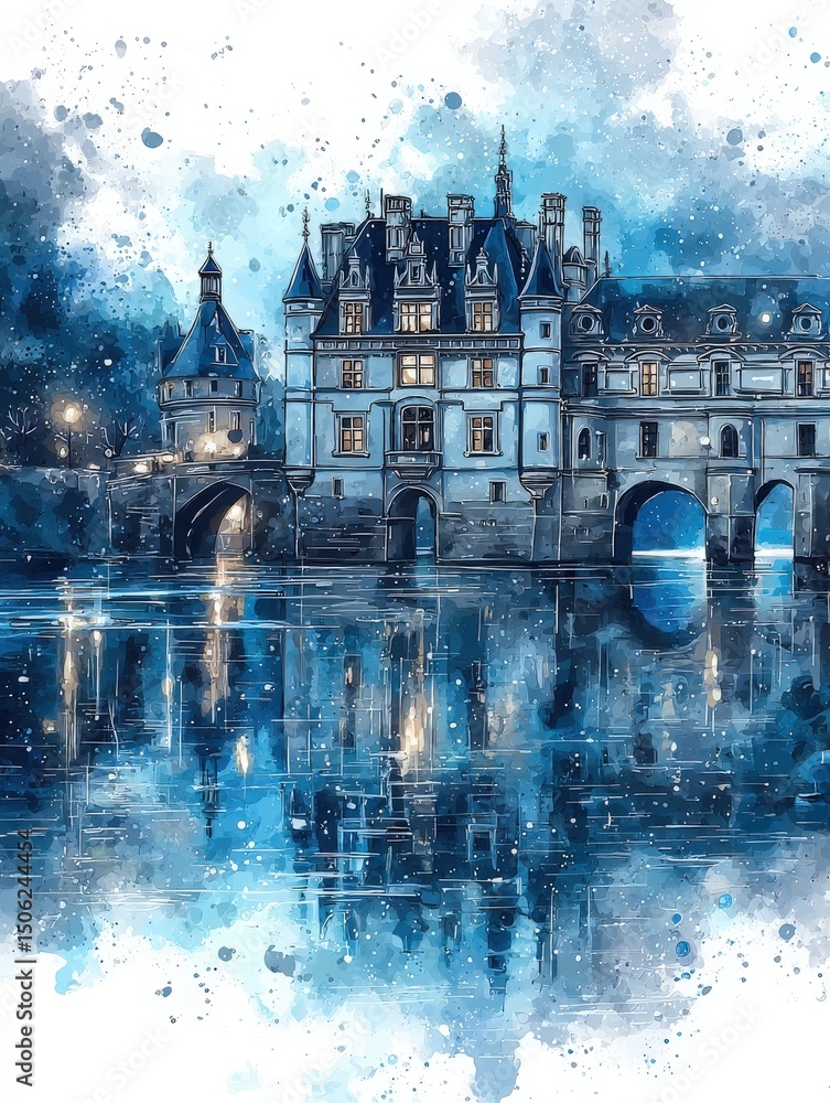 A detailed watercolor artwork showcases a grand castle with ornate architecture illuminated against the twilight sky. Its reflection shimmers in still water, creating a tranquil atmosphere.