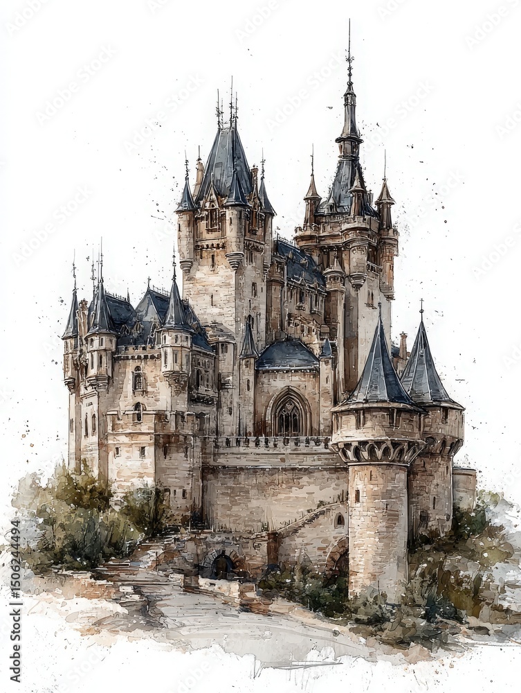 A stunning medieval castle stands tall with its intricate towers and turrets. Lush greenery surrounds the structure, creating a serene and enchanting atmosphere.