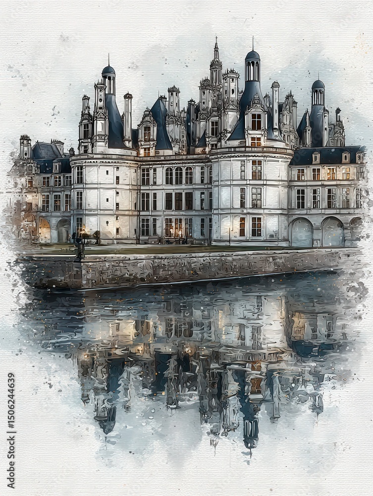 A stunning castle stands prominently by a serene body of water, showcasing its detailed architecture.