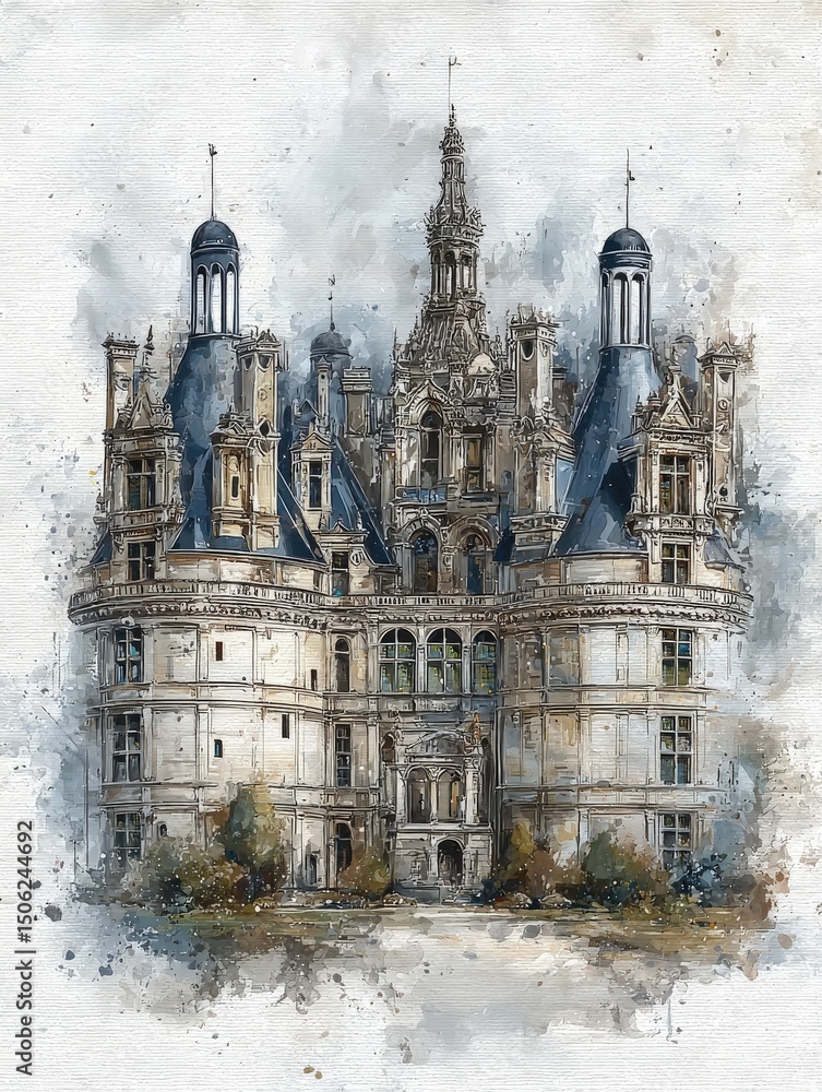 Located in the Loire Valley, this remarkable chateau features an elaborate facade with towers, spires, and intricate architectural elements.