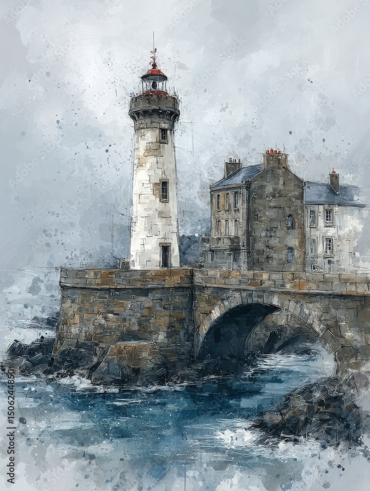 A tall lighthouse stands beside an old stone building along the rocky coastline. Waves crash against the shore while gray clouds loom in the sky, creating a serene yet dramatic atmosphere.