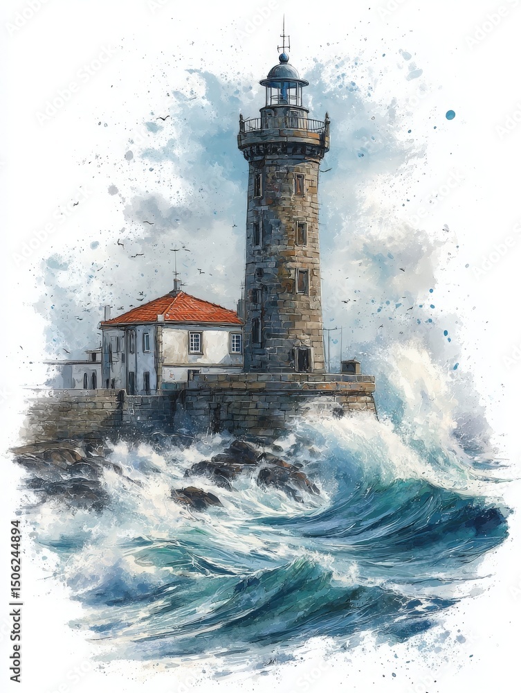 A robust lighthouse with a stone structure and red roof stands against turbulent waves crashing around it. The dramatic clouds and water convey a powerful coastal storm, showcasing natures might.