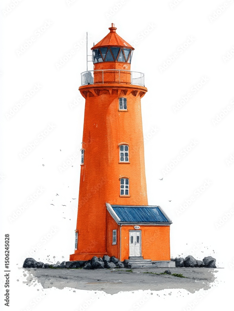 A bright orange lighthouse features a conical shape with a lantern at the top. It is situated near rocky formations, providing guidance to vessels. The scene is serene under a clear sky.