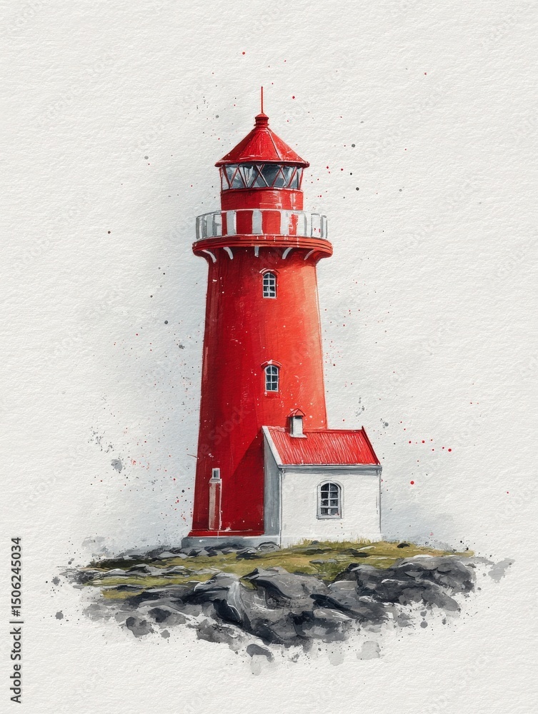 A vibrant red lighthouse rises prominently among rocky outcrops near the coast, showcasing its classic architecture. The scene conveys tranquility and maritime beauty against a soft backdrop.