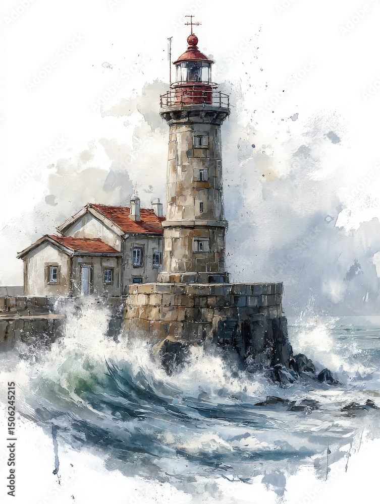 A tall lighthouse is perched on a rocky coastline, weathered by strong ocean waves and surrounded by serene clouds. The structure features a red roof and emits light, guiding sailors safely home.