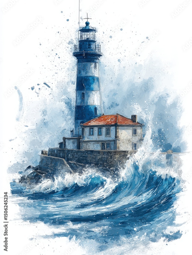 A tall lighthouse stands on a rocky shore, with waves crashing dramatically around it. The structure features a red-tiled roof and is set against a stormy sky, creating a bold contrast.