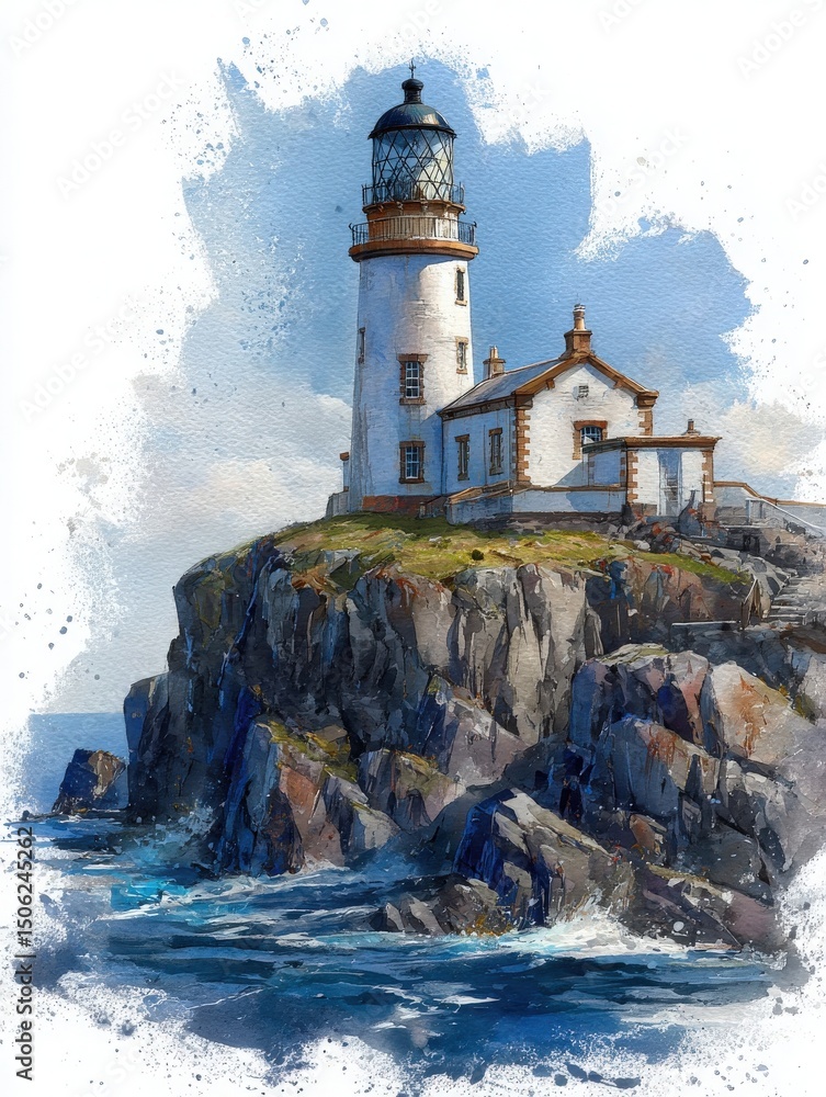 A tall lighthouse perched on a rugged cliff overlooks crashing waves below. The sky is bright, reflecting a clear day. The structure features classic design with a blend of white and stone colors.