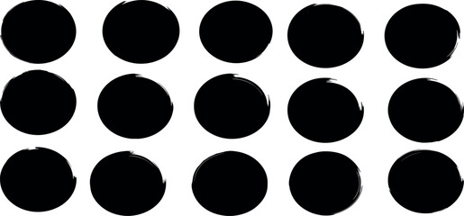 Grungy vector black ink circles. Brush hand drawn textured punk style round shapes