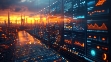 futuristic cityscape data visualization at sunset