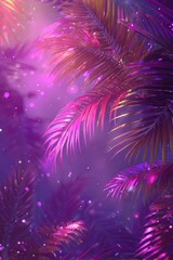 Wall Mural - Vibrant purple and pink palm fronds glow under a soft light, speckled with bokeh