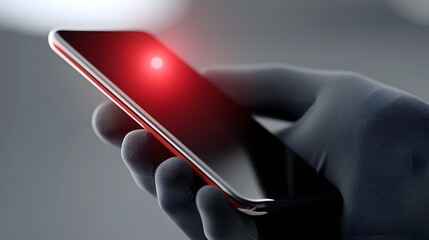 Wall Mural - gloved hand holding smartphone with glowing red alert