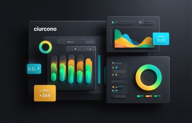 dark-themed ui showcasing data visualization with vibrant gradient charts, graphs, and numerical dis