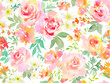 © Sawango - PNG Seamless pattern of abstract pink roses and wild flowers painted in watercolor. Floral wallpaper pattern in watercolor. Hand painted botanical pattern with transparent background.