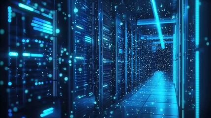 Poster - Blue server hallway with glowing data panels and floating particles creating a futuristic atmosphere, perfect for illustrating cyber data environments and cloud infrastructure