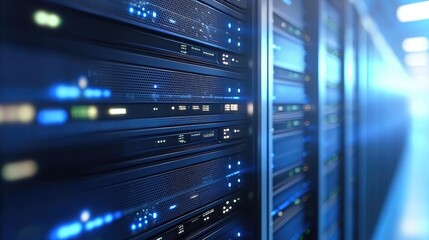 Poster - Modern data center with glowing blue server racks, showcasing cloud infrastructure, network storage, and advanced digital computing, ideal for cloud service ads and tech websites