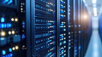 Poster - Blue server room with glowing indicator lights and high tech equipment, representing data storage, cloud computing, and networking, ideal for IT ads and tech platforms