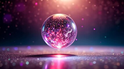 Wall Mural - A mesmerizing transparent sphere with glowing particles hovers above a sparkling surface with shimmering light effects.