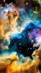 Wall Mural - Vibrant nebula in deep space with orange, blue, purple, and white gases and scattered stars, a celestial cosmic event