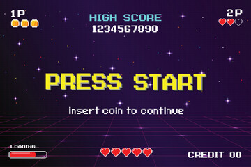 Wall Mural - press start. pixel art .8-bit game. retro futurism sci-fi background. glowing neon grid. and stars f