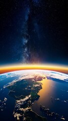 Wall Mural - beautiful sunrise on earth, showing the curvature, the atmosphere, and stars in the background, view